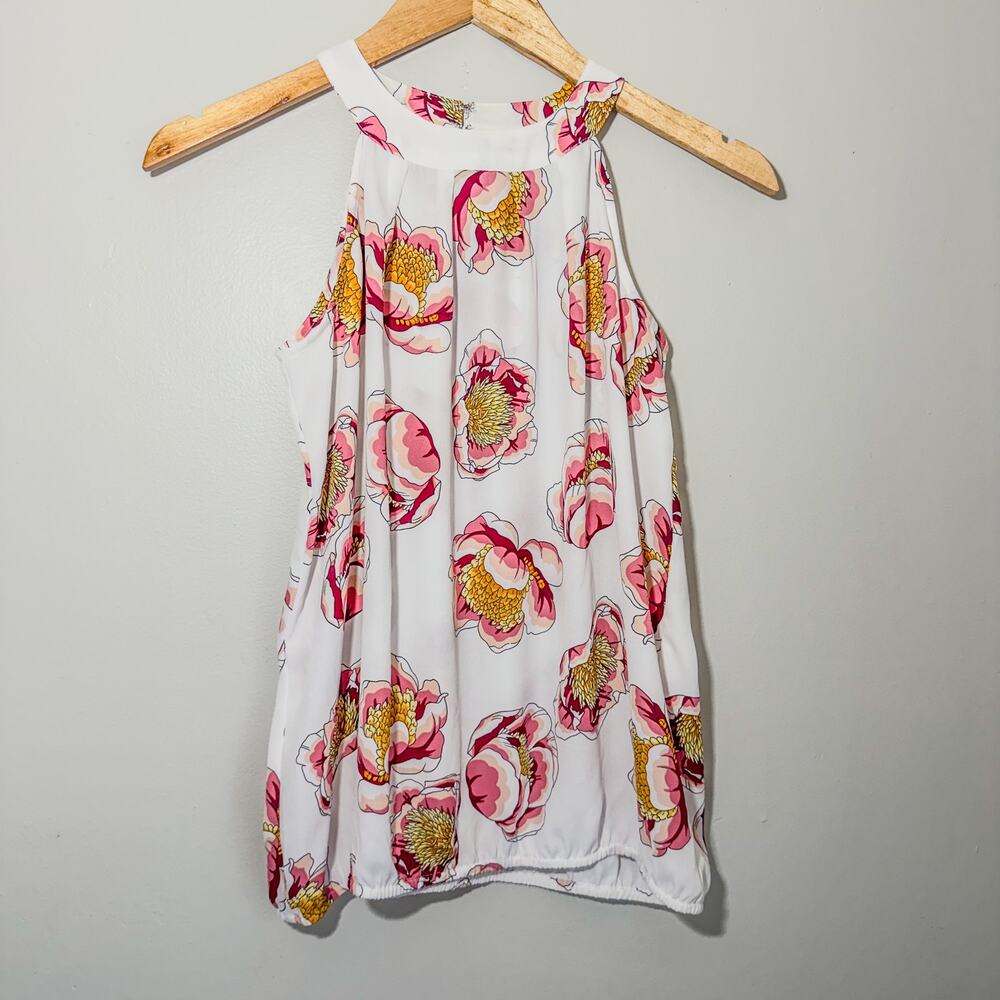 Loft White Floral Halter Neck Pleated Sleeveless Blouse Top Small Petite